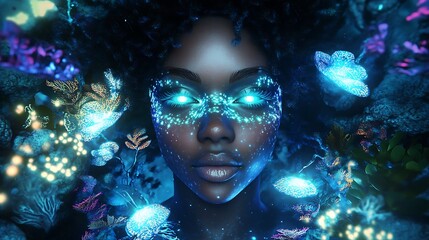 Enigmatic Black Woman with Bioluminescent Waves and Sea Creatures in Deep Ocean - 3D Render