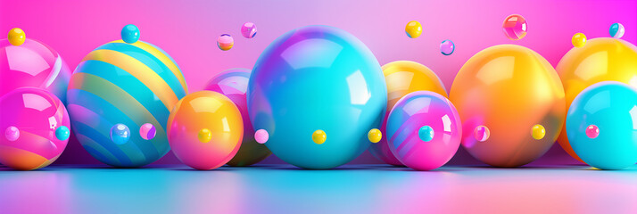 Colorful spheres with vibrant patterns and textures against a pink and blue gradient background