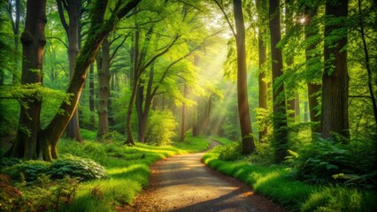 Obraz premium Tranquil forest scene with a meandering path leading into the trees, surrounded by lush greenery and peaceful ambiance