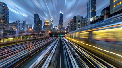 Obraz premium Urban skyline with light trails from fast-moving trains