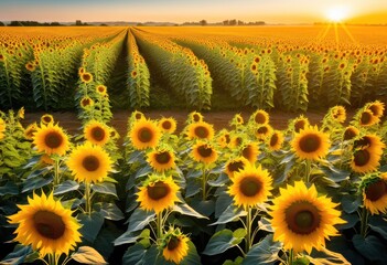 Fototapeta premium stunning vibrant sunflower field bathed warm sunrise light perfect sessions, nature, landscape, bloom, yellow, petals, sky, horizon, outdoor, garden