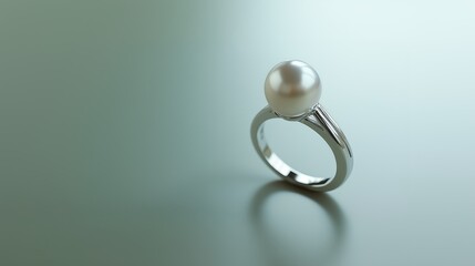 A close-up of a pearl ring set in silver, displayed against a soft, muted green background. Perfect for showcasing luxury, elegance, and fine jewelry.