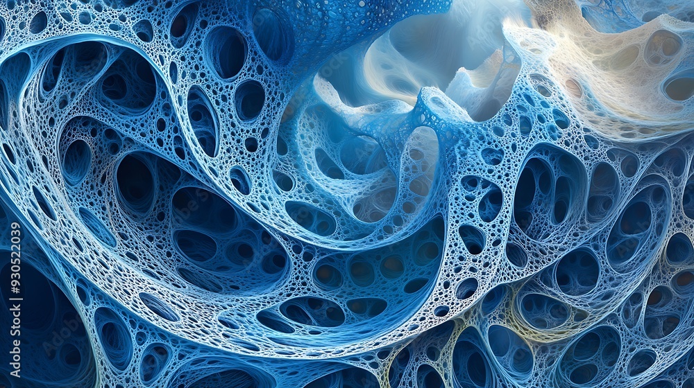 Poster abstract blue and white interconnected network with circular openings