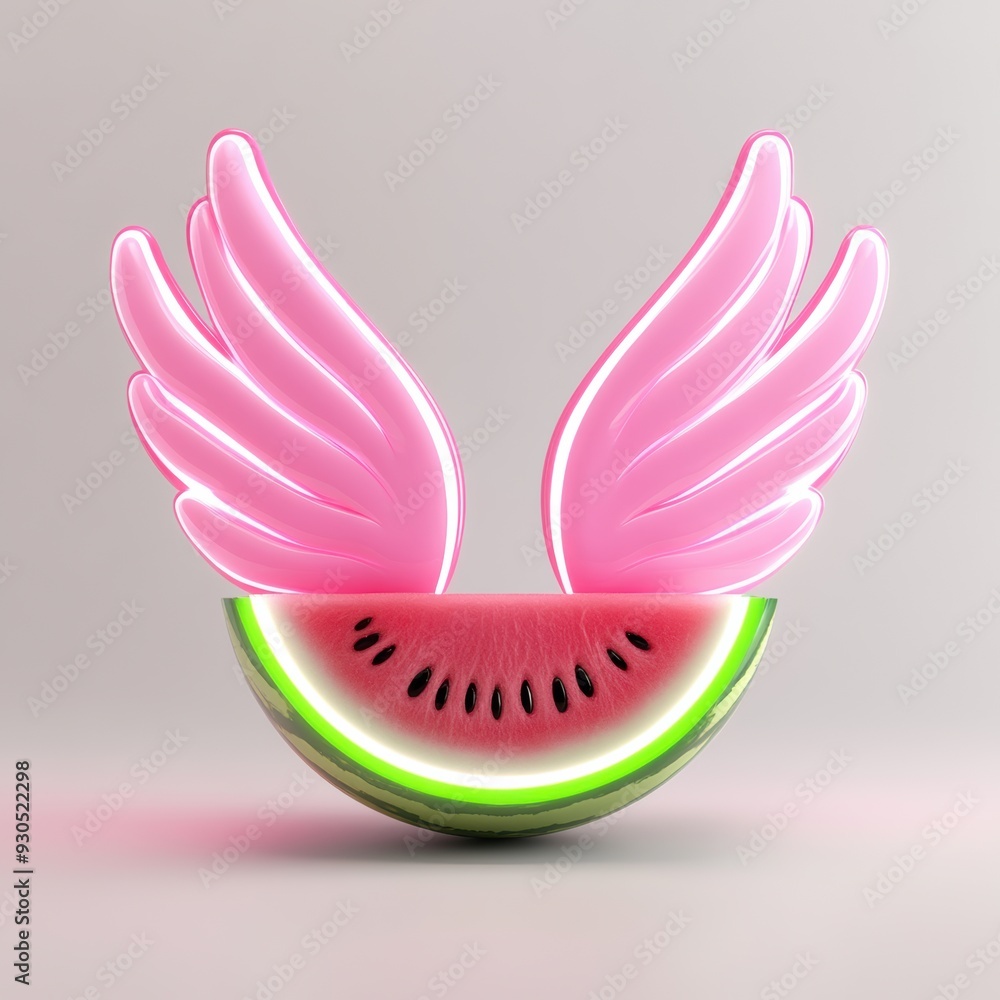 Wall mural A slice of watermelon with wings and a pink background, AI