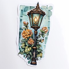 A vintage street lamp brightly illuminates the night, surrounded by lush green foliage.