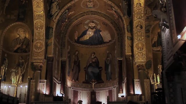 Interior of Palatine Chapel with Christ Pantocrator and Gold Mosaics, Sicily, Italy