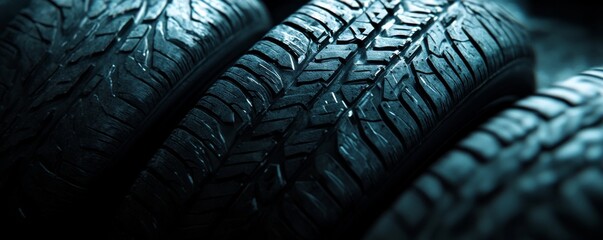 Stack of car tires showing tire tread close up