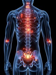 Illustration of back pain, highlighted in red on the spine area, on transparent background, in the medical illustration style