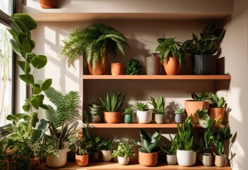 lively houseplant displays contemporary shelving units featuring diverse greenery decorative pots, arrangement, botanical, chic, collection, environment