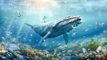 Fototapeta premium A majestic whale swims gracefully through a vibrant underwater ecosystem, surrounded by marine life and colorful corals.
