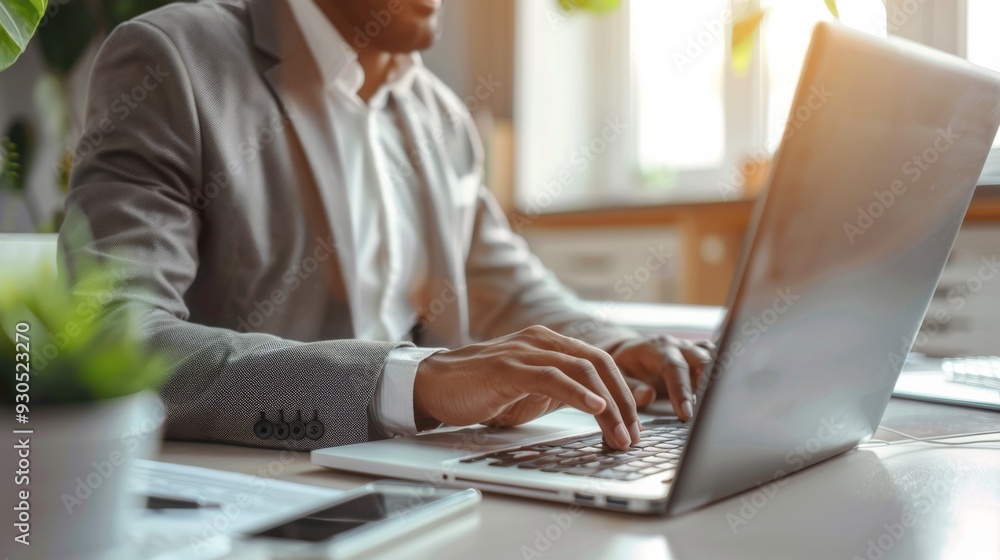 Aufkleber smiling customer service representative typing on computer in bright office