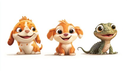 Obraz premium Two happy puppies and a lizard smiling cheerfully