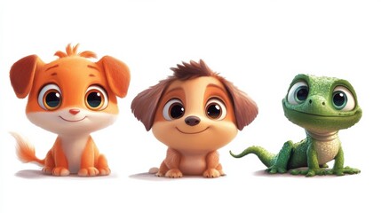 Fototapeta premium Two puppies and a lizard posing on white background