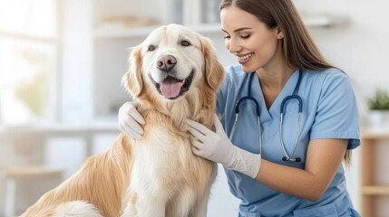 A cheerful nurse in scrubs gently cares for a golden retriever, showcasing a loving bond in a bright and nurturing environment