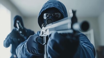 Masked armed men in tactical gear aiming rifles indoors