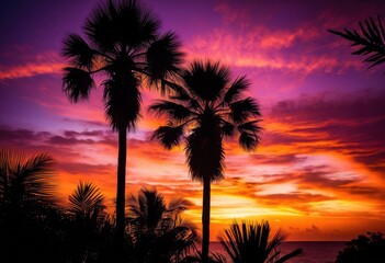 Fototapeta premium tropical palm silhouette framed breathtaking sunset backdrop vibrant colors striking contrast, sky, orange, yellow, clouds, landscape, scenery, exotic