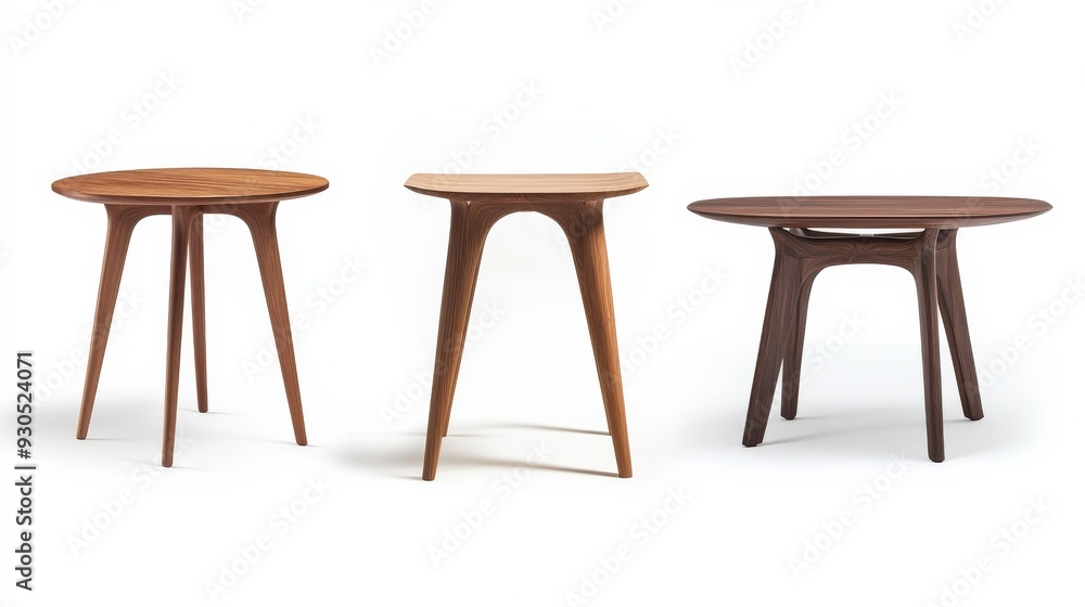 Poster Three designer wooden tables standing on white background