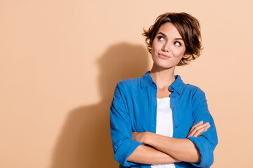 Portrait of pensive businesswoman in top management team folded hands looking novelty deep thinking...