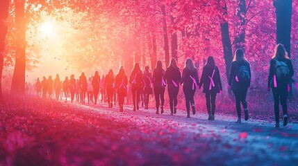 An artistic depiction of a breast cancer awareness walkathon, with participants and volunteers wearing pink ribbons 