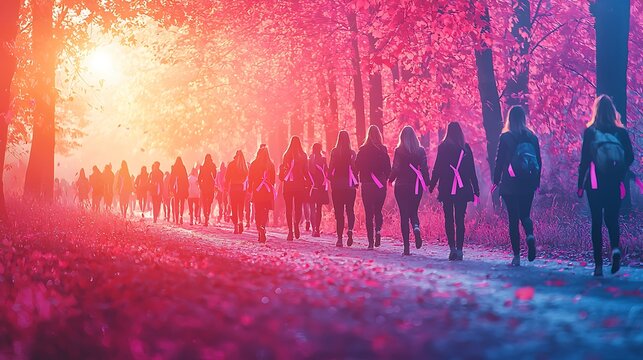 An artistic depiction of a breast cancer awareness walkathon, with participants and volunteers wearing pink ribbons 