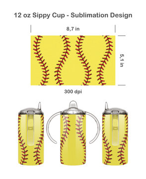 Softball seamless sublimation template for 12 oz Kids Sippy Cup. Seamless from edge to edge. Full cup wrap.