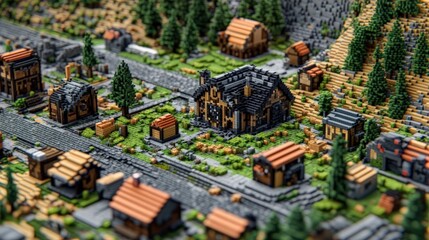 Fototapeta premium Miniature village model with houses and trees in fantasy setting