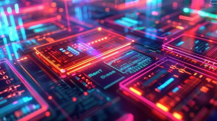 Fototapeta premium Colorful blocks in shades of pink and purple float against a neon blue backdrop, creating a vibrant and futuristic digital network.