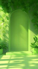 A green arched frame with plants and sunlight for product display.