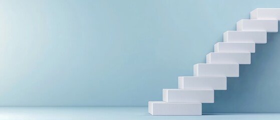 A modern, minimalist staircase against a soft blue wall, evoking a sense of calm and spaciousness.