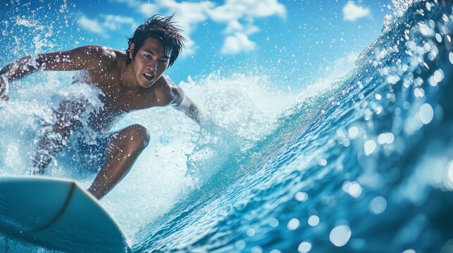 A young Asian man rides a vibrant aquamarine wave, sparkling droplets around him, exhilarated and focused.