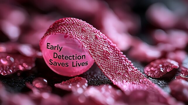 A minimalist poster promoting breast cancer awareness, featuring a single pink ribbon with the message "Early Detection Saves Lives" - Powered by Adobe