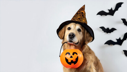 dog dressed witch halloween golden retriever sits white background bats holding candy bucket teeth