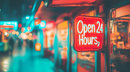 A close-up shot of a neon sign in a bustling city open 24 Hours,2