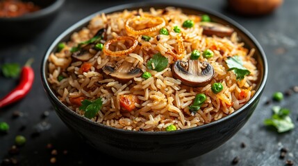 Mushroom fried rice in a bowl 