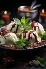 artisanal gelato scoops in various flavors, garnished with mint leaves and chocolate shavings, dessert photography, best for banner, flyer, and poster
