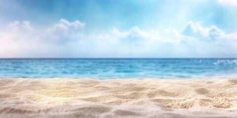 Serene beach scene with soft sand and a calm blue ocean under a bright sky, perfect for themes of relaxation, summer, and tranquility.
