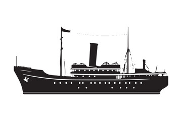 Obraz premium Boat Silhouette, Ship Silhouette, Vector Silhouette, Nautical Vector, Marine Design, Ocean Silhouette, SailingVector, ShipOutline, BoatVectorArt, SilhouetteGraphics, SeaVesselVector,