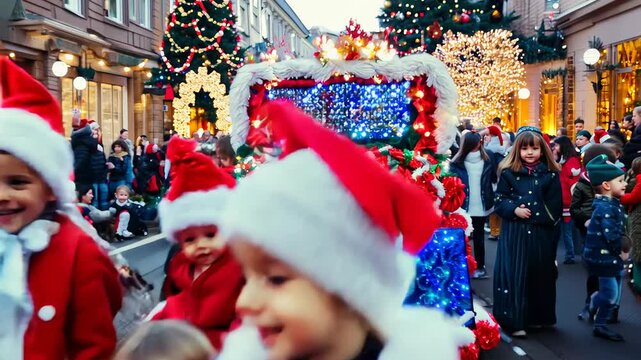 Children dressed as Santa Claus walk in a Christmas parade on a street decorated with festive lights and trees