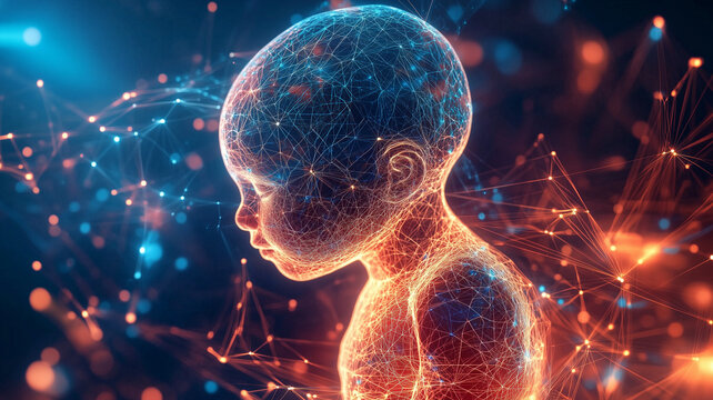 an abstract representation of AI as a glowing a baby pregnant , surrounded by floating holographic entity , symbolizing the merging of human intelligence with technology 