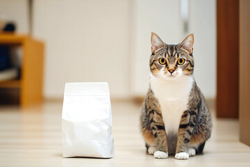 Cat sitting next to a clean white bag of pet food package