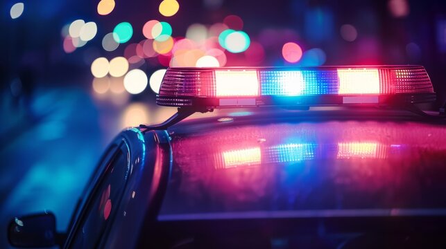 Blurred police lights on a dark street