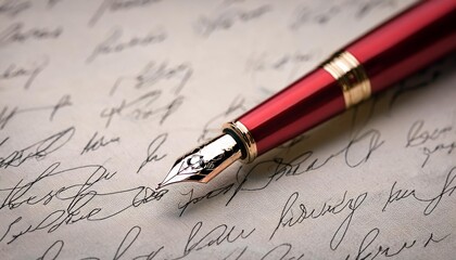 Fototapeta premium An elegant red fountain pen is displayed on a lightly scribbled sheet