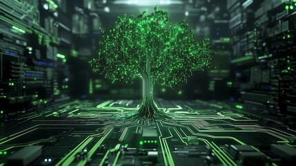 A Green Digital Tree Growing From Circuitry