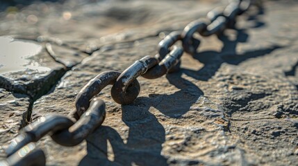 Broken chain on a stone surface with shadows
