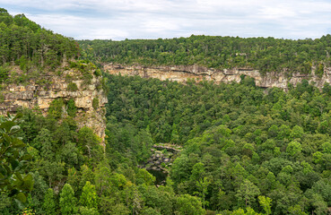 Naklejka premium View from Eberhart Point to Canyon bottom. The summer landscape offers views of the sides of the canyon, gorge, riverbed, forests, and rock cliffs. Little River Canyon National Preserve in Alabama.