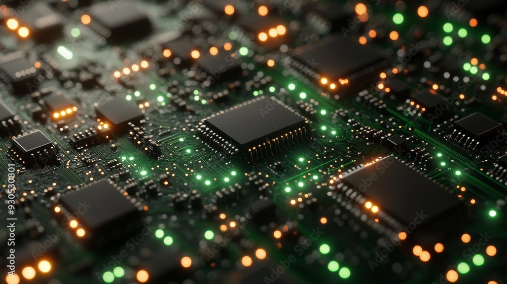 Poster modern semiconductor cpu lighting up while processing information
