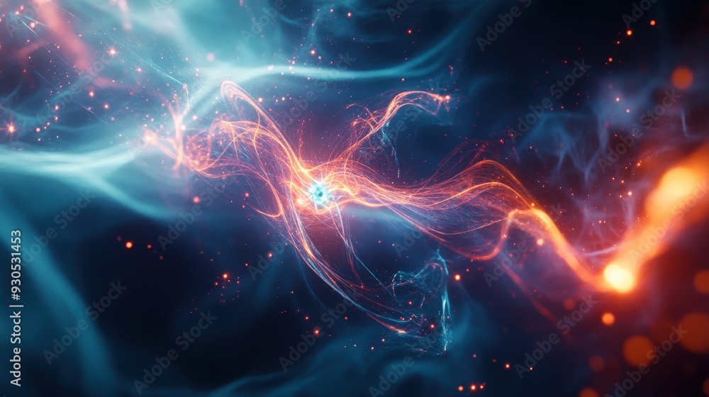 Poster colorful energy threads connect particles in a cosmic display, highlighting the phenomenon of quantu