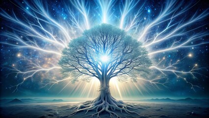Divine tree of immortality emitting glowing rays with silvery roots