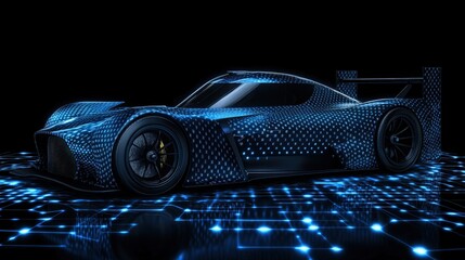 Futuristic sports car with digital glowing circuit design