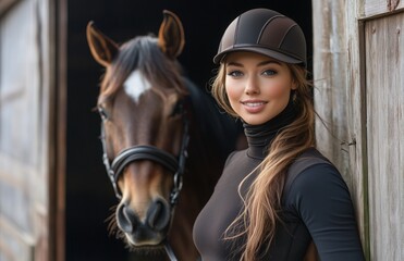 A graceful woman in equestrian attire guides her horse out of a stable into daylight